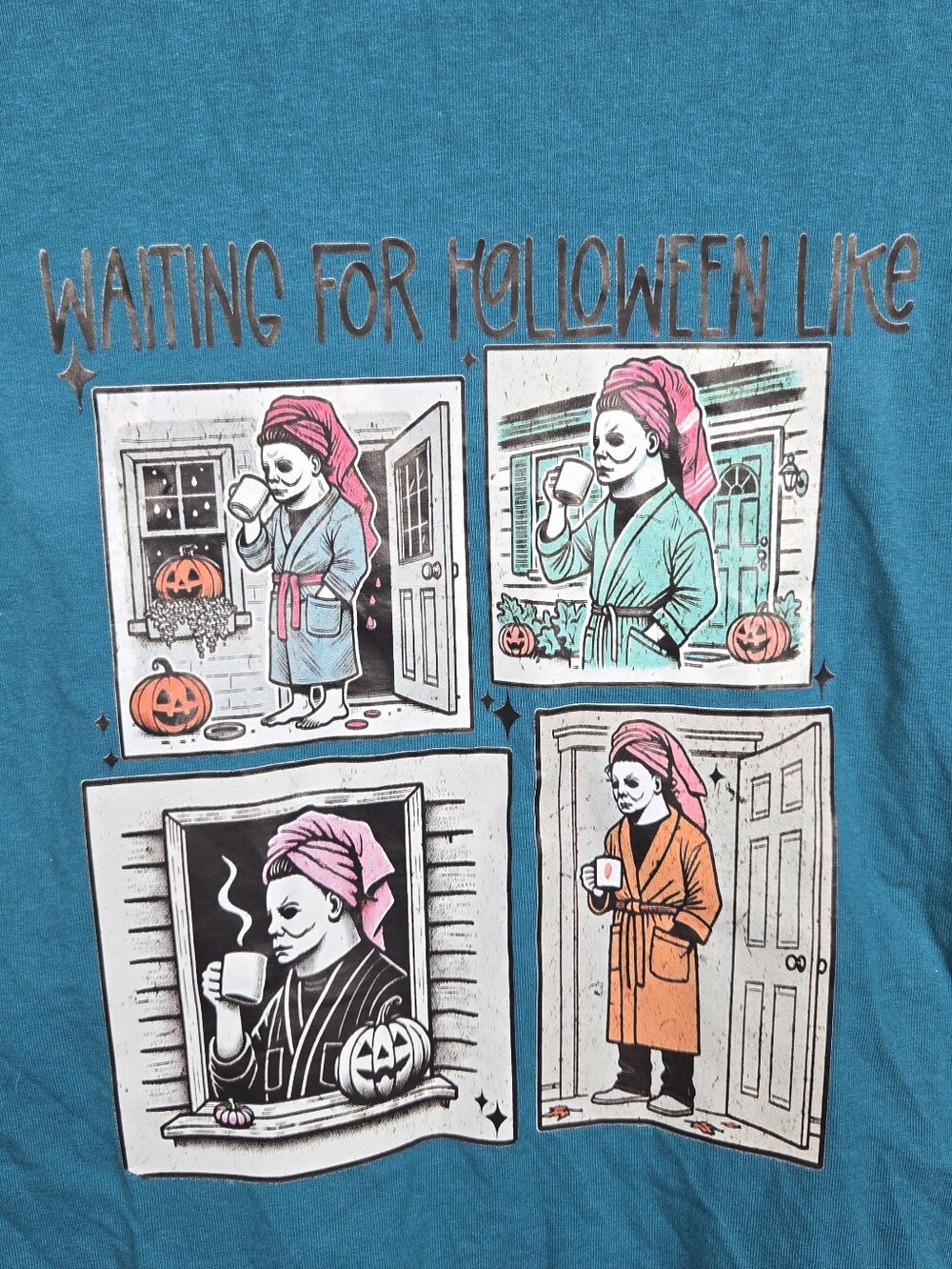 Halloween Michael Myers Waiting For Halloween Like Graphic Tee Small Blue - Picture 3 of 6